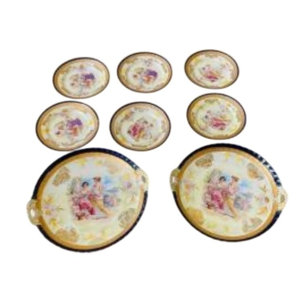 8pc Antique German Porcelain Dessert Set Cobalt Blue Gold Fragonard‎ Cake Plates